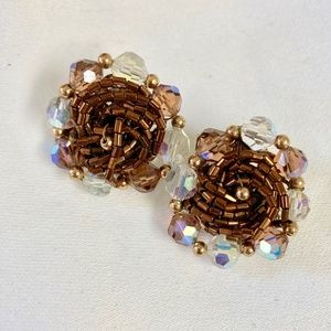 Crystal Glass and Amber and Gold Beaded Retro Cluster Earrings
